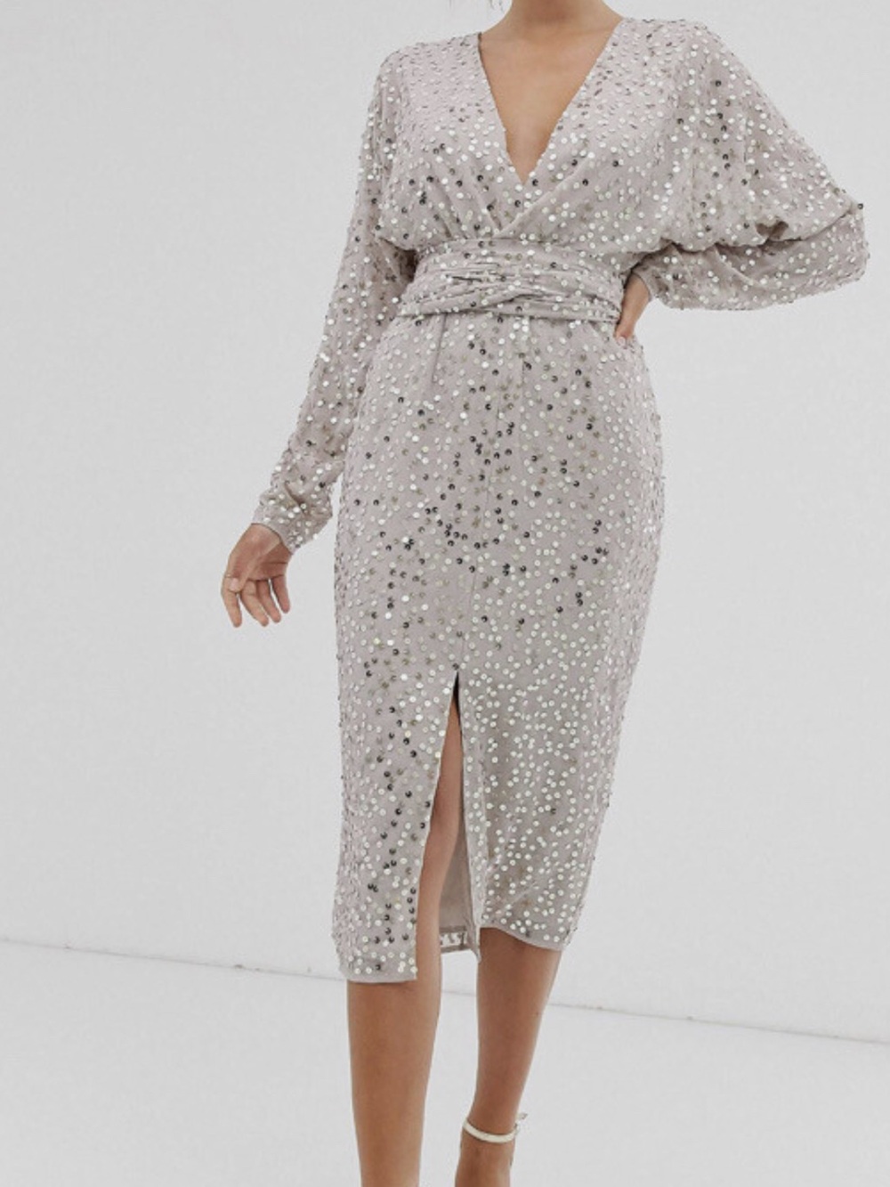 ASOS Design Silver Sequin Wrap Midi Dress
